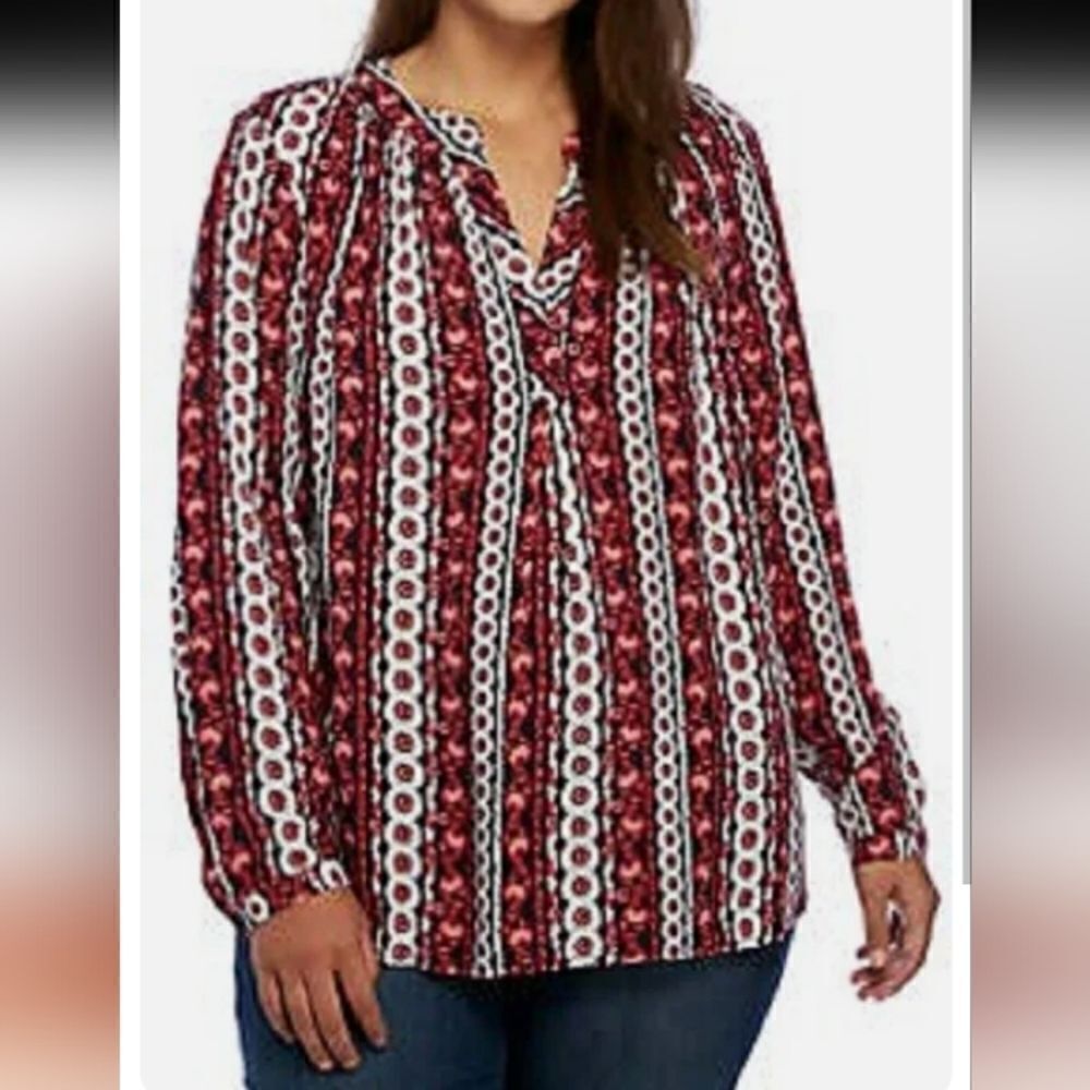 Crown & Ivy curvy plus size multi print long-sleeve V-neck boho top  (14W - 16W)